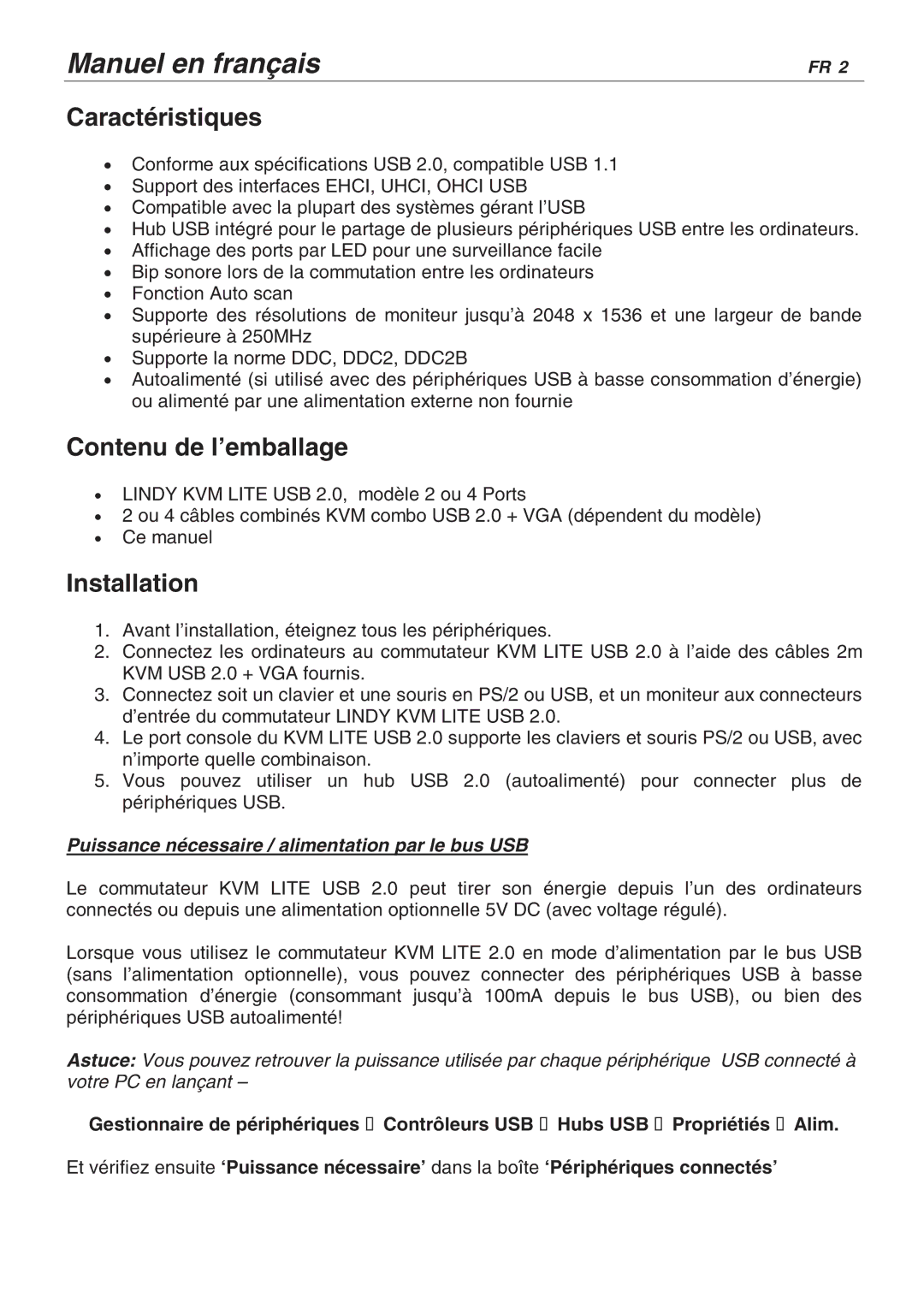 Lindy 32825, 32856 user manual Caractéristiques, Contenu de l’emballage, Puissance nécessaire / alimentation par le bus USB 