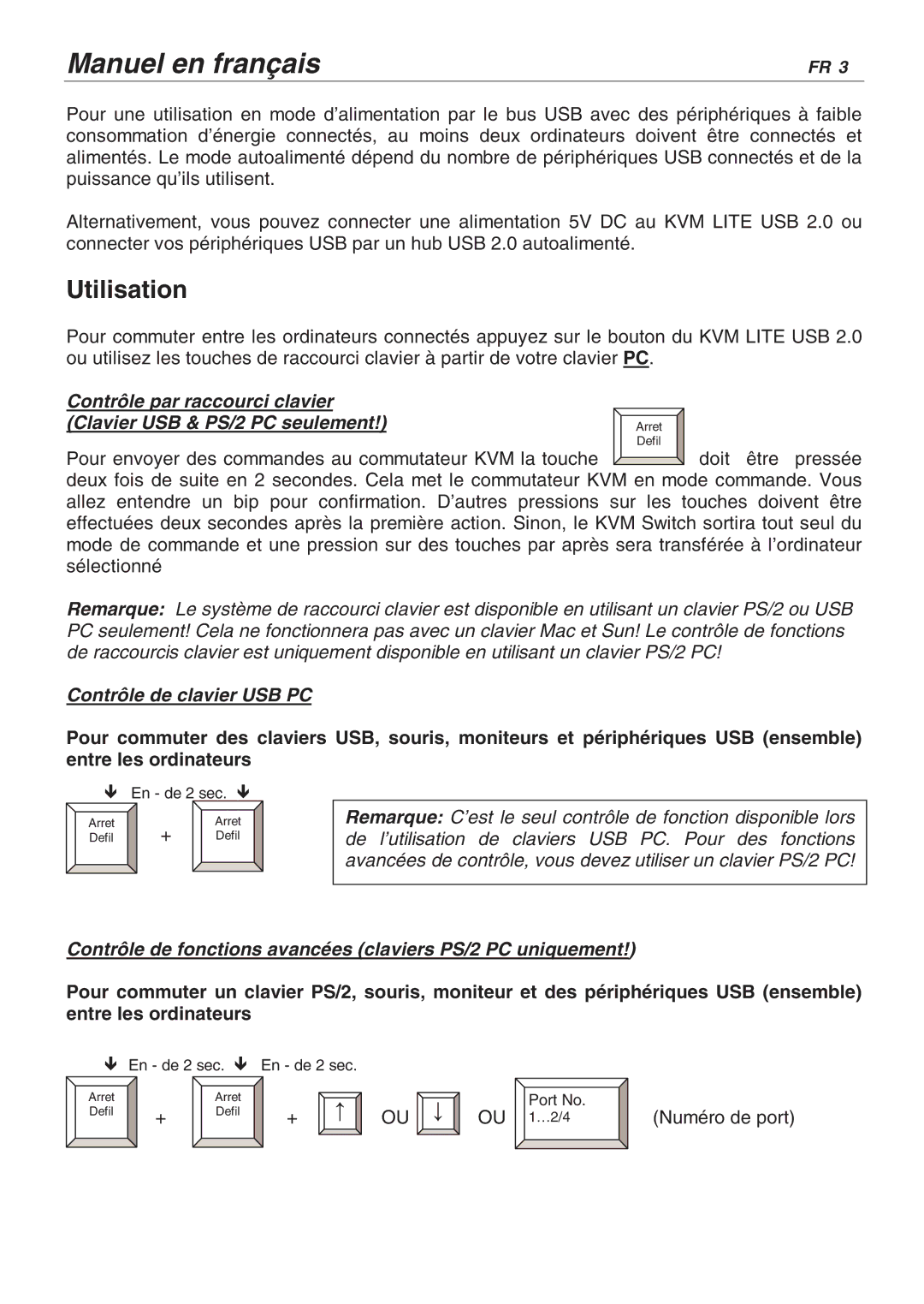 Lindy 32856, 32825 Utilisation, Contrôle de clavier USB PC, Contrôle de fonctions avancées claviers PS/2 PC uniquement 