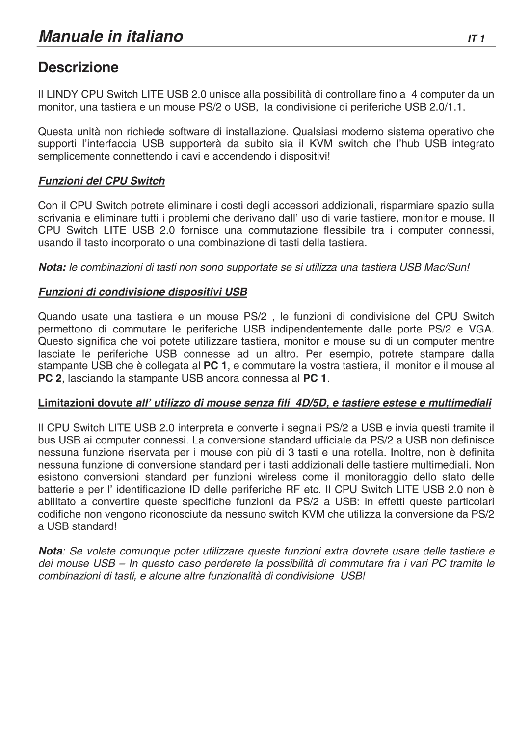 Lindy 32825, 32856 user manual Descrizione, Funzioni del CPU Switch, Funzioni di condivisione dispositivi USB 