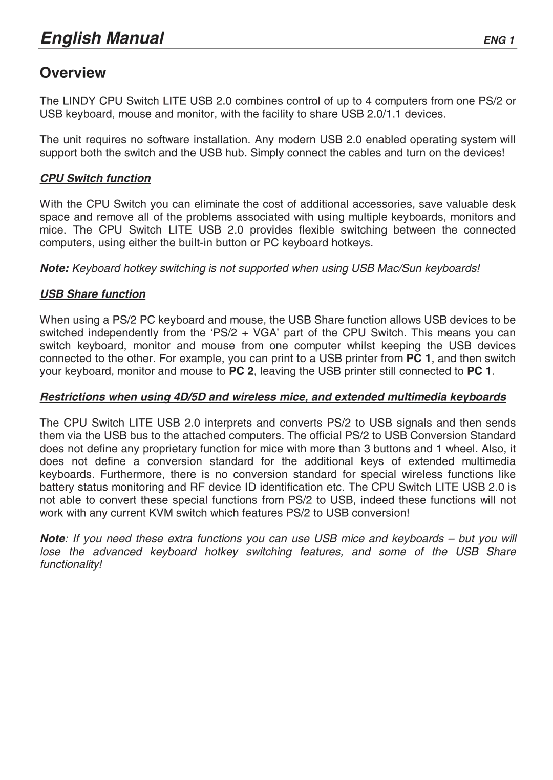 Lindy 32825, 32856 user manual Overview, CPU Switch function, USB Share function 