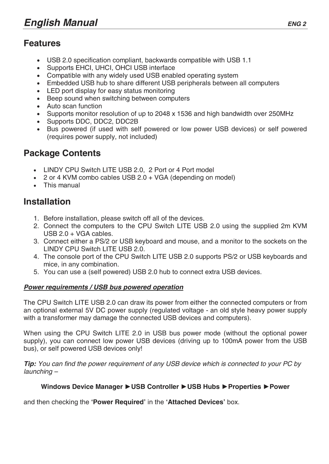 Lindy 32856, 32825 user manual Features, Package Contents, Installation 