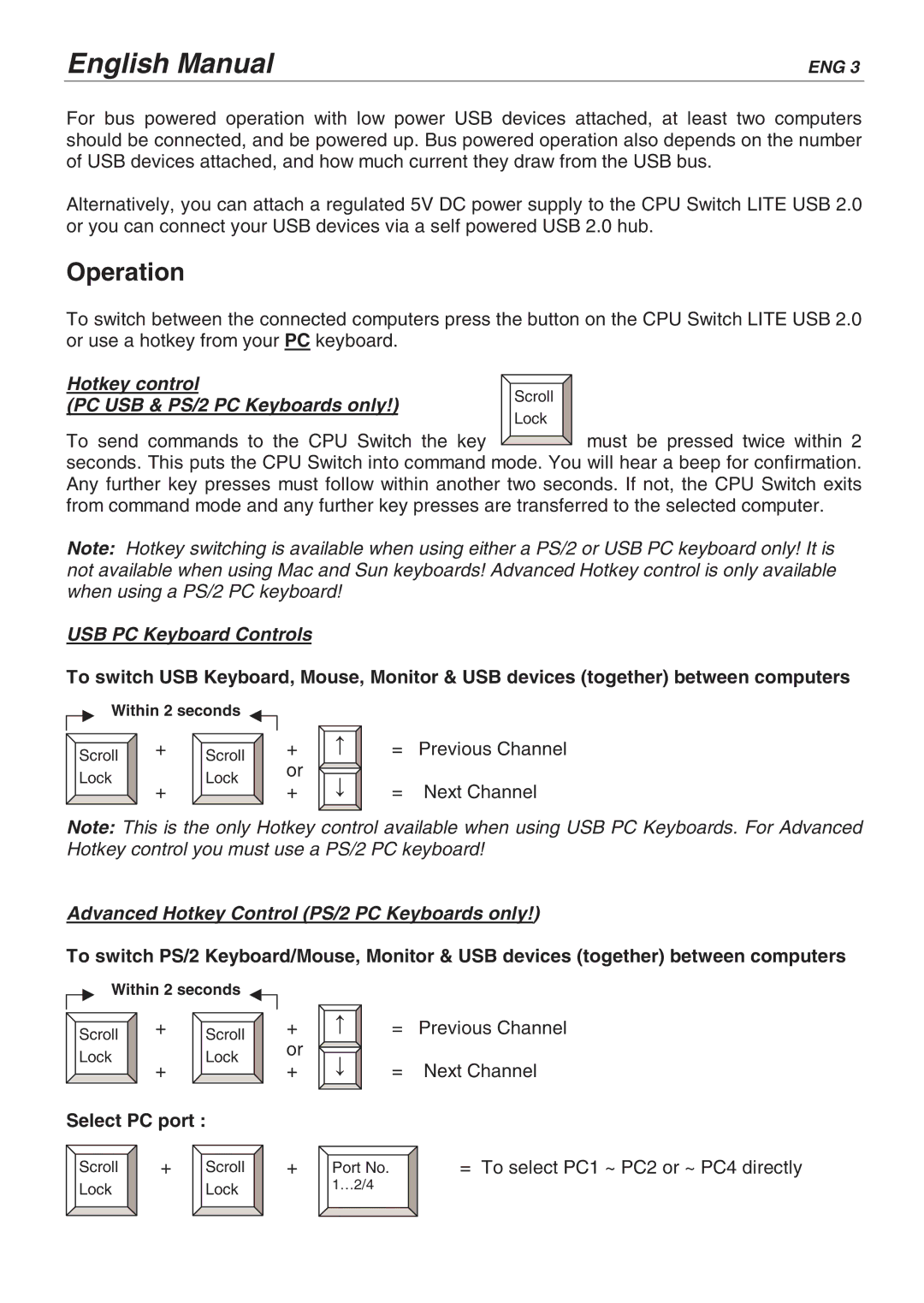 Lindy 32825, 32856 Operation, Hotkey control PC USB & PS/2 PC Keyboards only, USB PC Keyboard Controls, Select PC port 