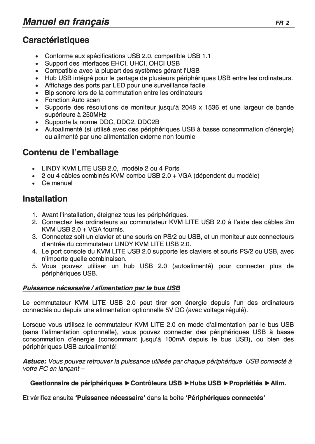 Lindy 32825, 32856 user manual Manuel en français, Caractéristiques, Contenu de l’emballage, Installation 
