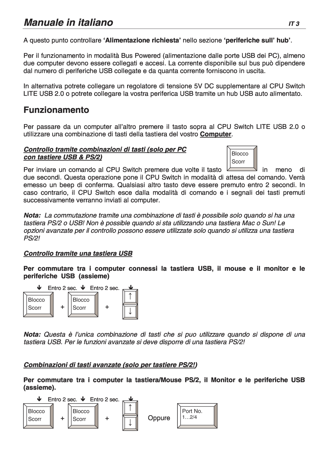 Lindy 32825, 32856 user manual Manuale in italiano, Funzionamento, Controllo tramite combinazioni di tasti solo per PC 