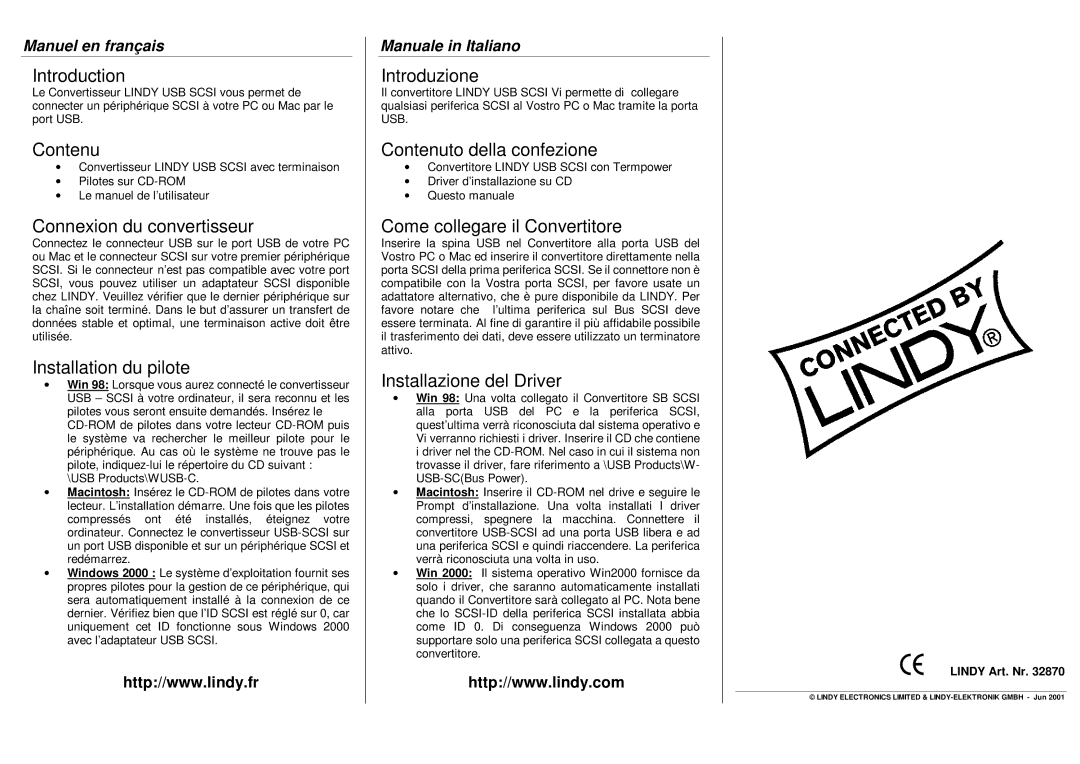 Lindy 32870 manual Introduction, Contenu, Connexion du convertisseur, Installation du pilote, Introduzione 