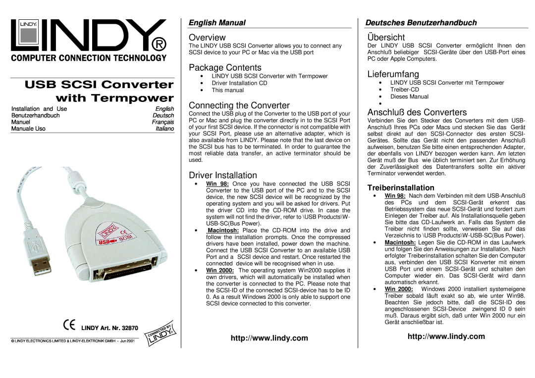 Lindy 32870 manual Overview, Package Contents, Connecting the Converter, Driver Installation, Übersicht, Lieferumfang 