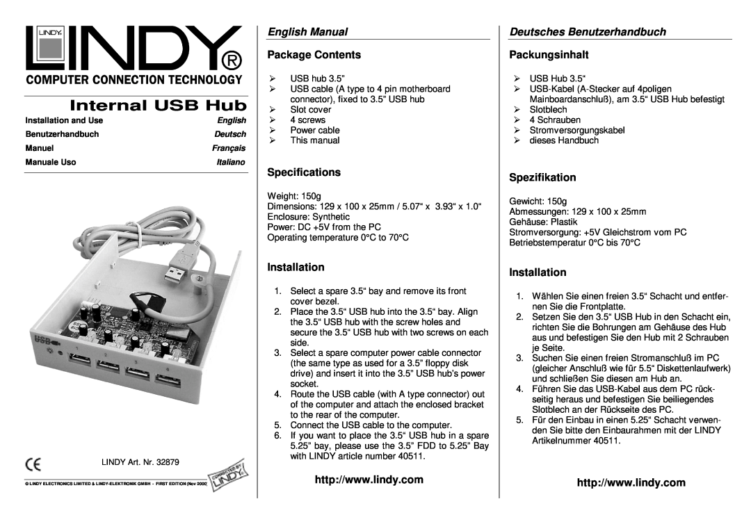 Lindy 32879 specifications English Manual, Package Contents, Specifications, Installation, Deutsches Benutzerhandbuch 