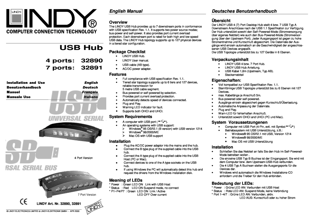 Lindy 32890, 32891 user manual English Manual, Deutsches Benutzerhandbuch, USB Hub, ports 7 ports 