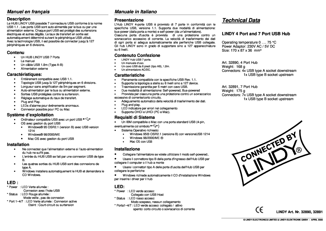 Lindy 32891, 32890 user manual Manuel en français, Manuale in Italiano, Technical Data 