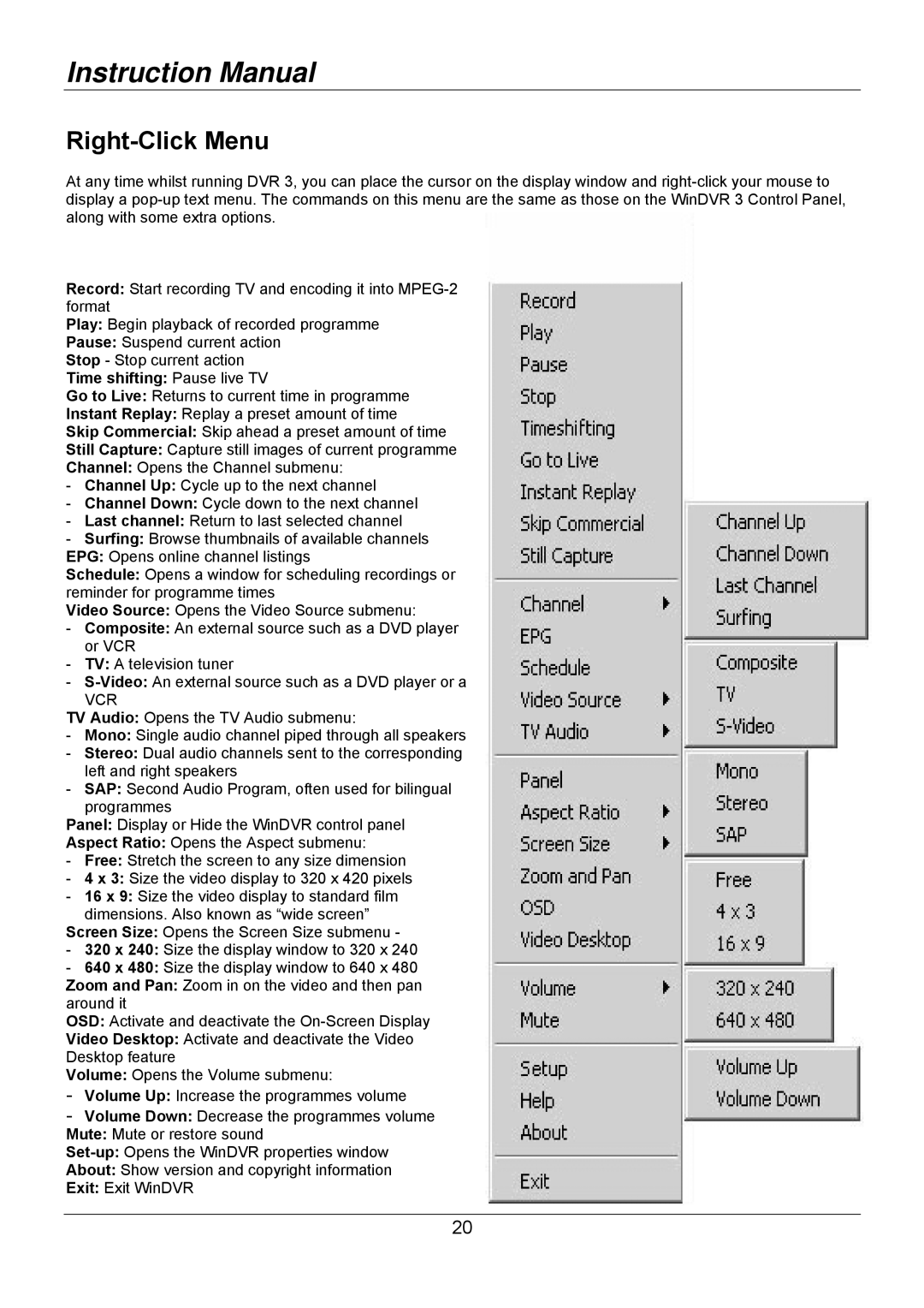 Lindy 32898 user manual Right-Click Menu, Vcr 