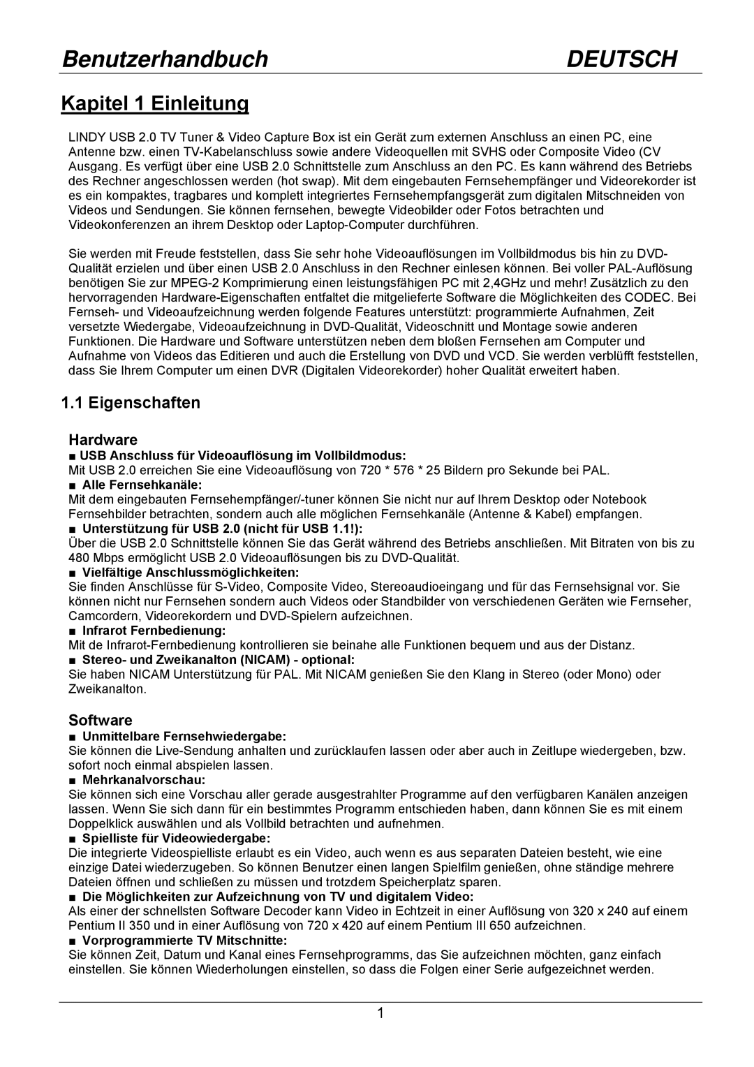 Lindy 32898 user manual Kapitel 1 Einleitung, Eigenschaften 