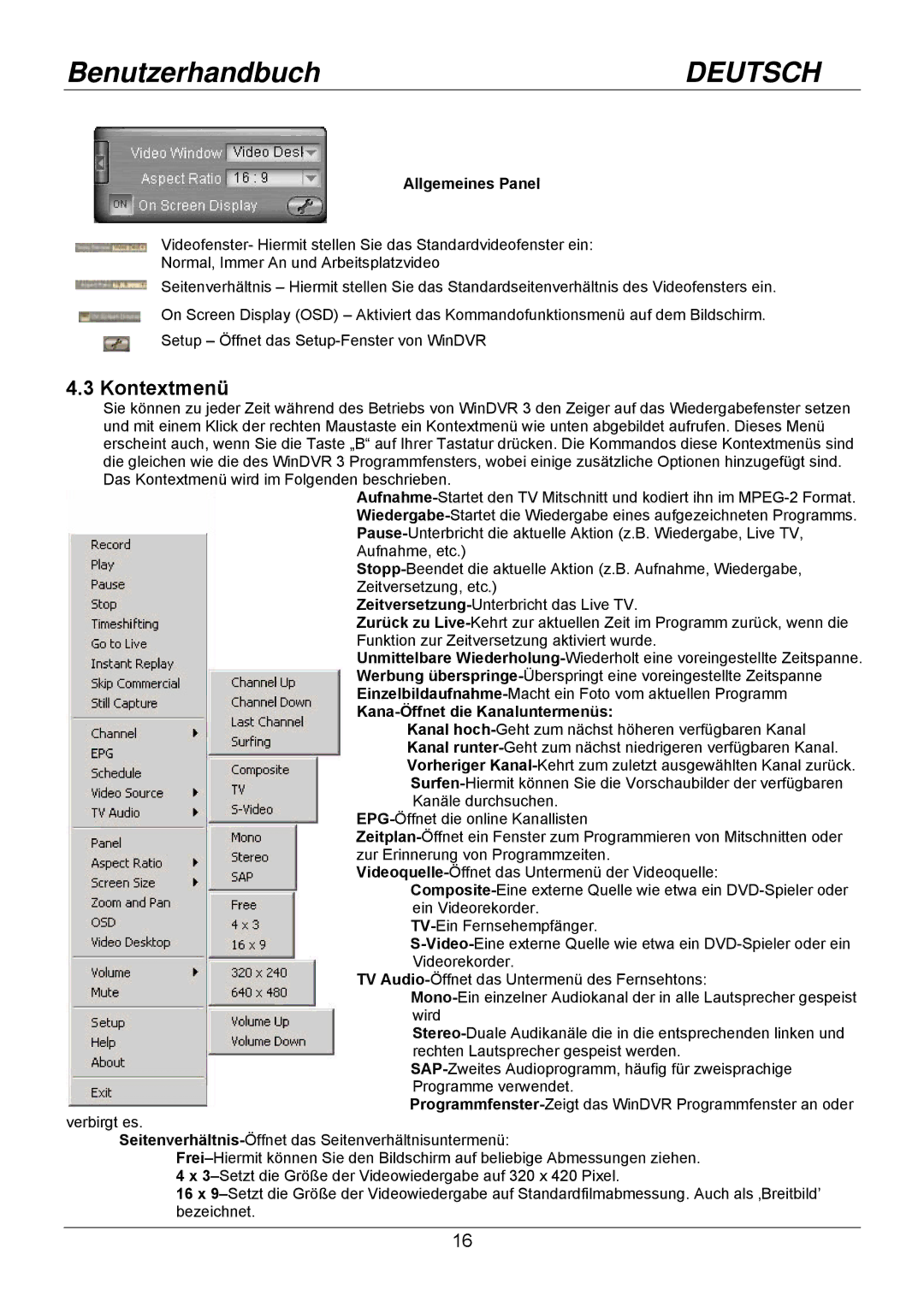 Lindy 32898 user manual Kontextmenü, Allgemeines Panel, Kana-Öffnet die Kanaluntermenüs 