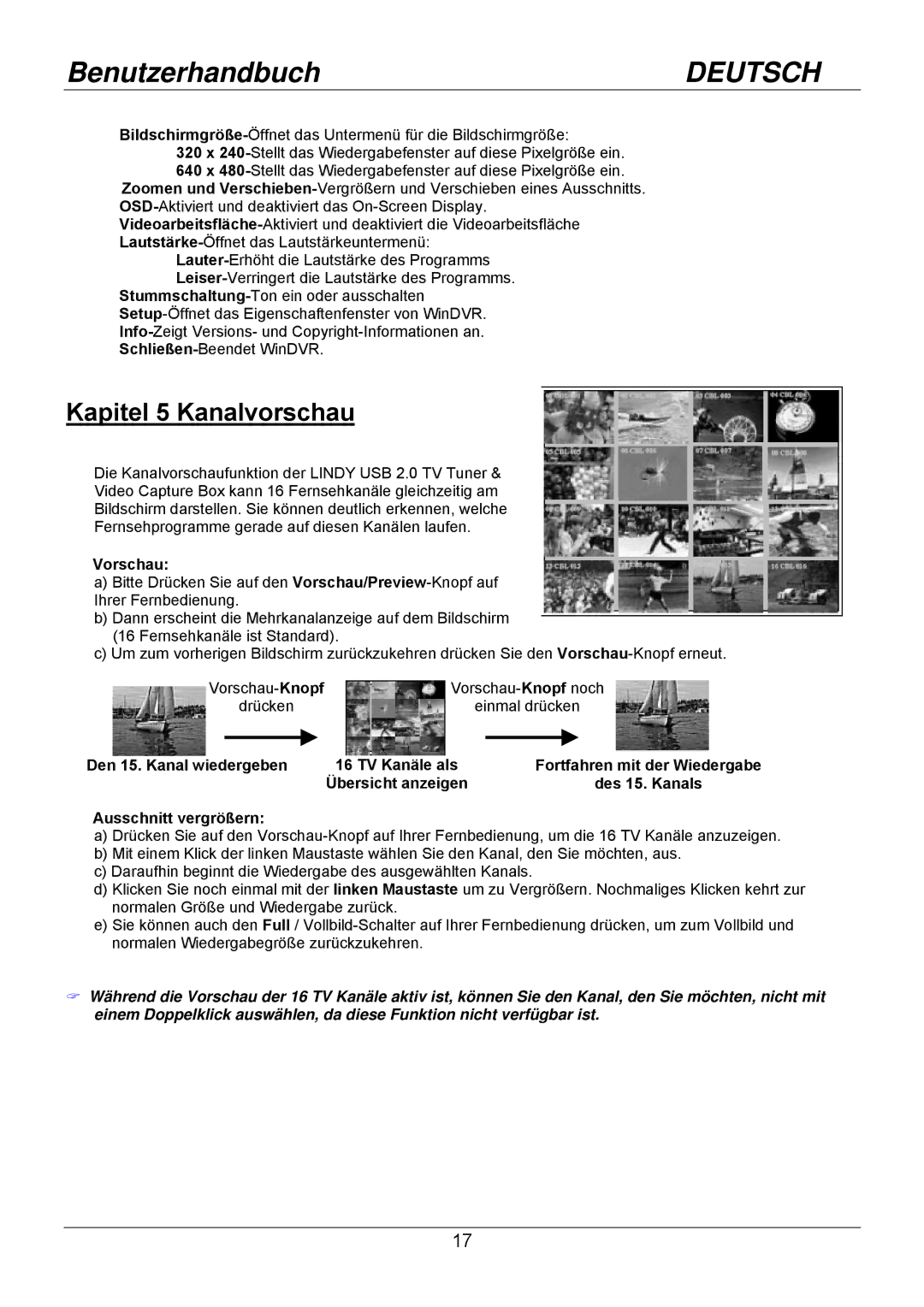 Lindy 32898 user manual Kapitel 5 Kanalvorschau, Vorschau- Knopf Vorschau- Knopf noch Drücken Einmal drücken 