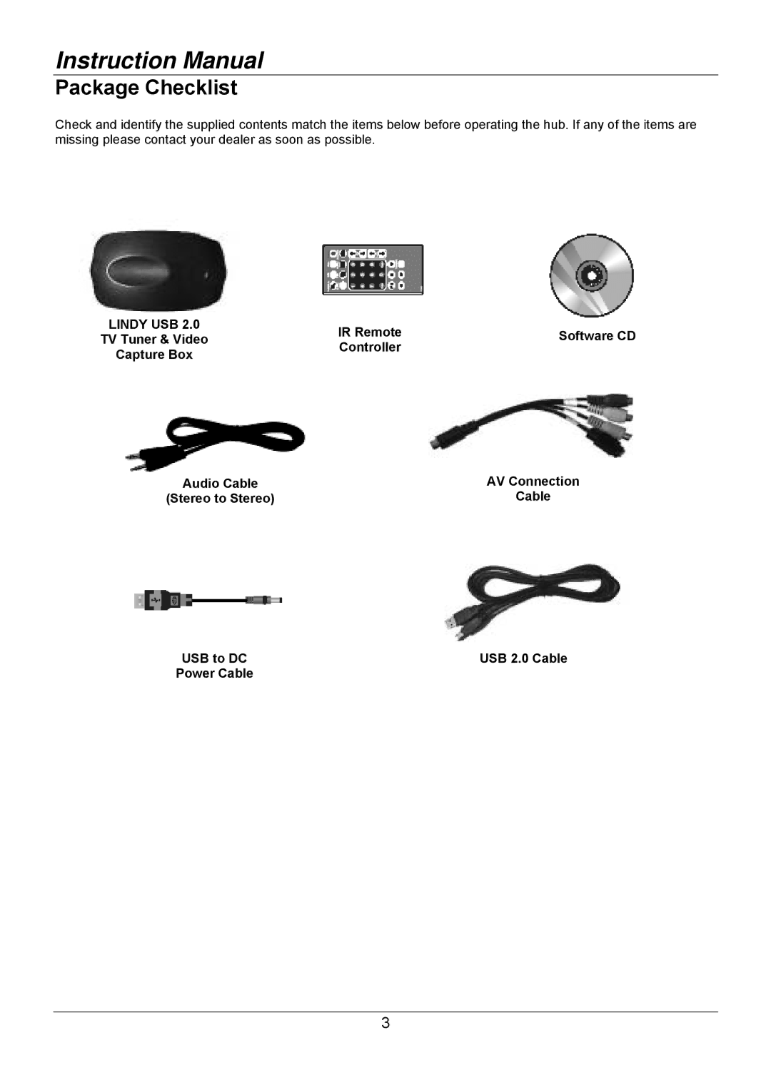 Lindy 32898 user manual Package Checklist, IR Remote Software CD 