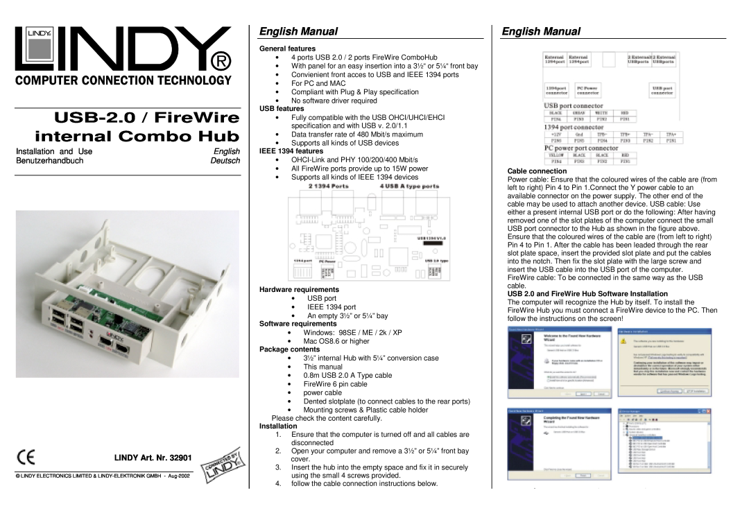 Lindy 32901 manual English Manual, LINDY Art. Nr, USB-2.0 / FireWire internal Combo Hub, Installation and Use, Deutsch 