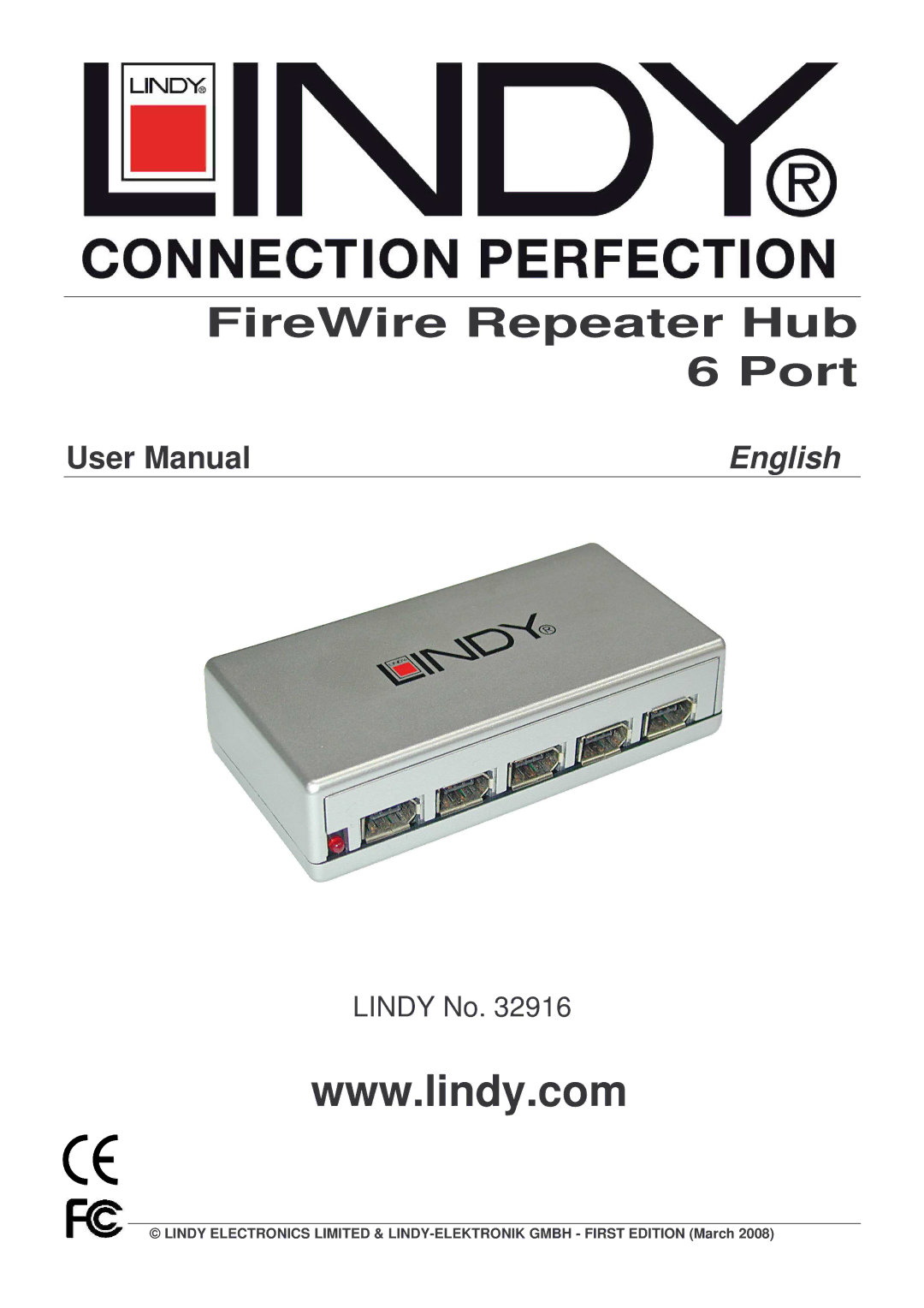 Lindy 32916 user manual FireWire Repeater Hub 6 Port 