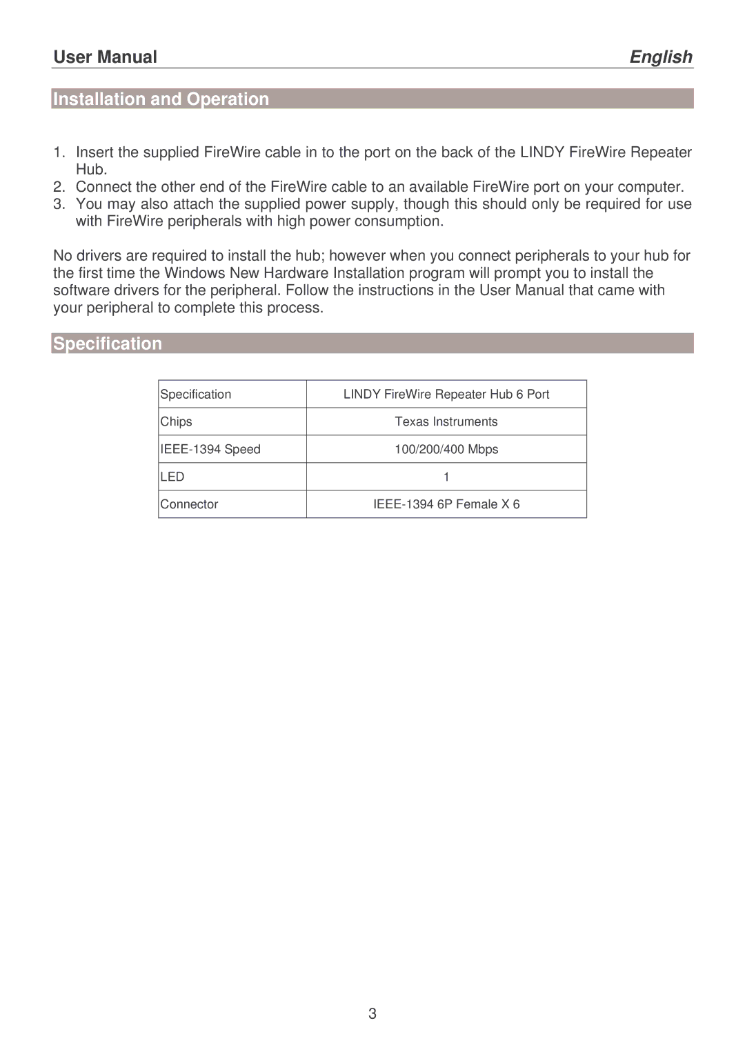 Lindy 32916 user manual Installation and Operation, Specification 