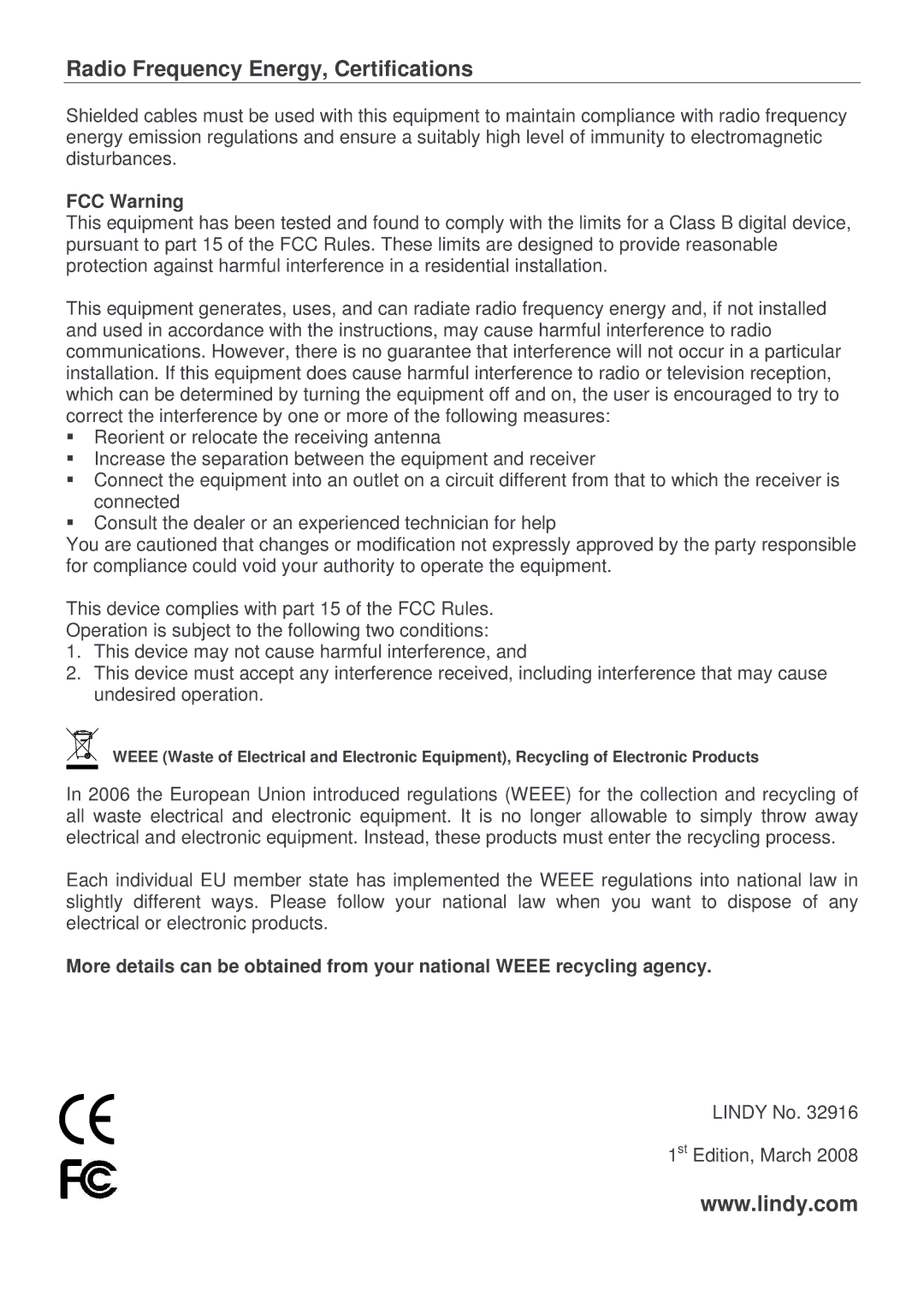 Lindy 32916 user manual Radio Frequency Energy, Certifications, FCC Warning 