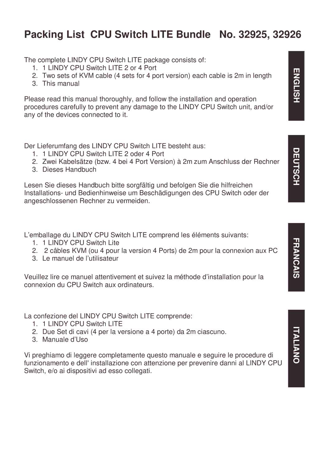Lindy 32925, 32926, 32927, 32924 manual Packing List CPU Switch Lite Bundle No 
