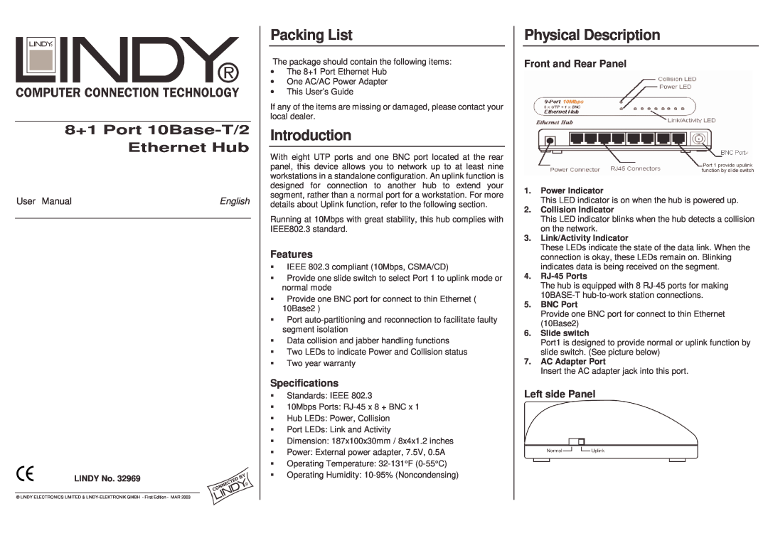 Lindy 32969 user manual Packing List, Introduction, Physical Description, Features, Specifications, Front and Rear Panel 