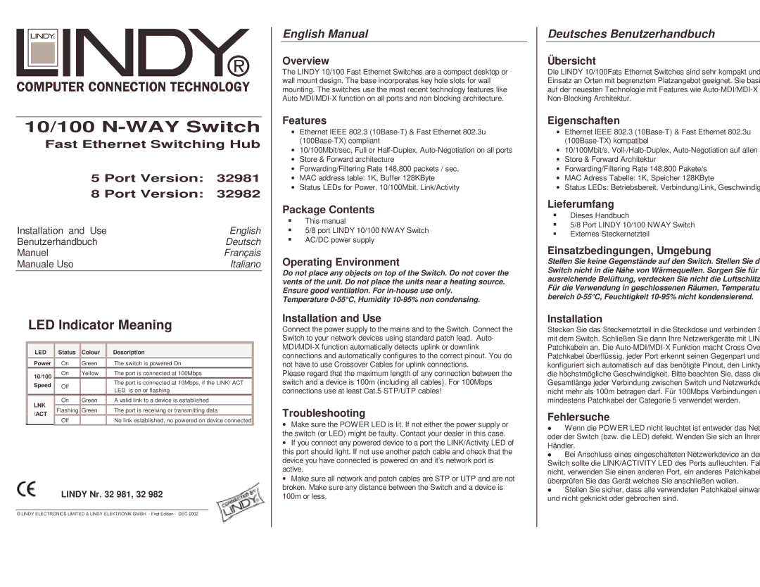 Lindy 32981, 32982 manual English Manual, Deutsches Benutzerhandbuch 