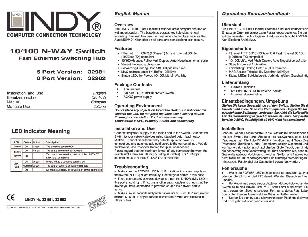Lindy 32981 manual English Manual, Deutsches Benutzerhandbuch, 10/100 N-WAY Switch, Fast Ethernet Switching Hub, 32982 
