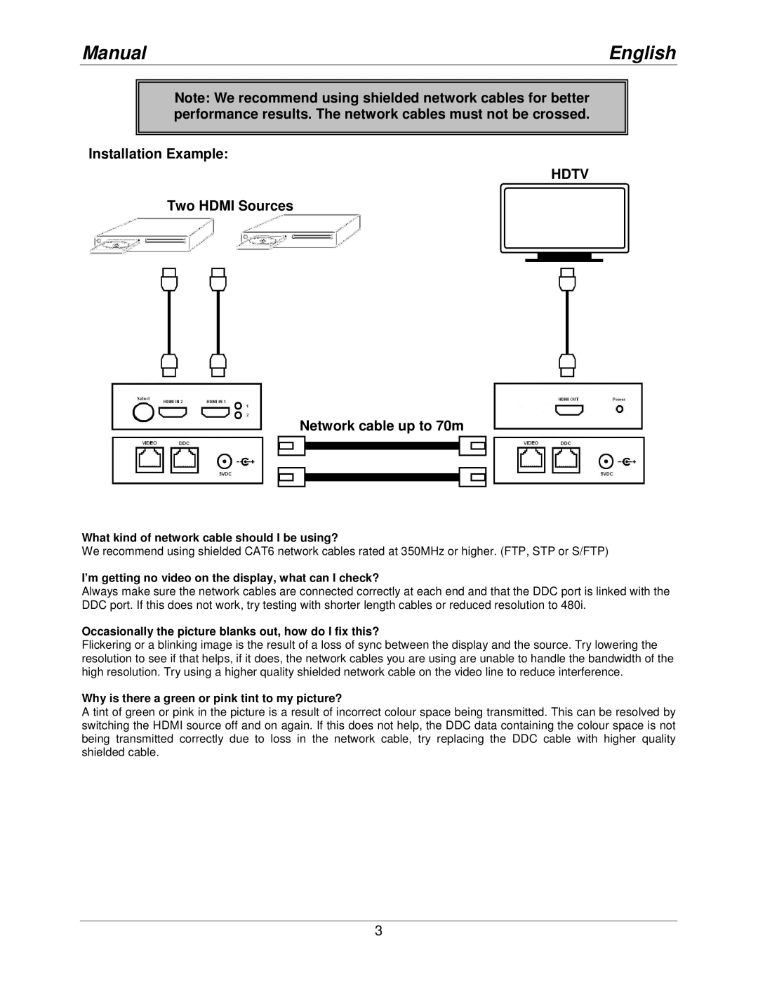 Lindy 38000 manual Installation Example, Two Hdmi Sources Network cable up to 70m 