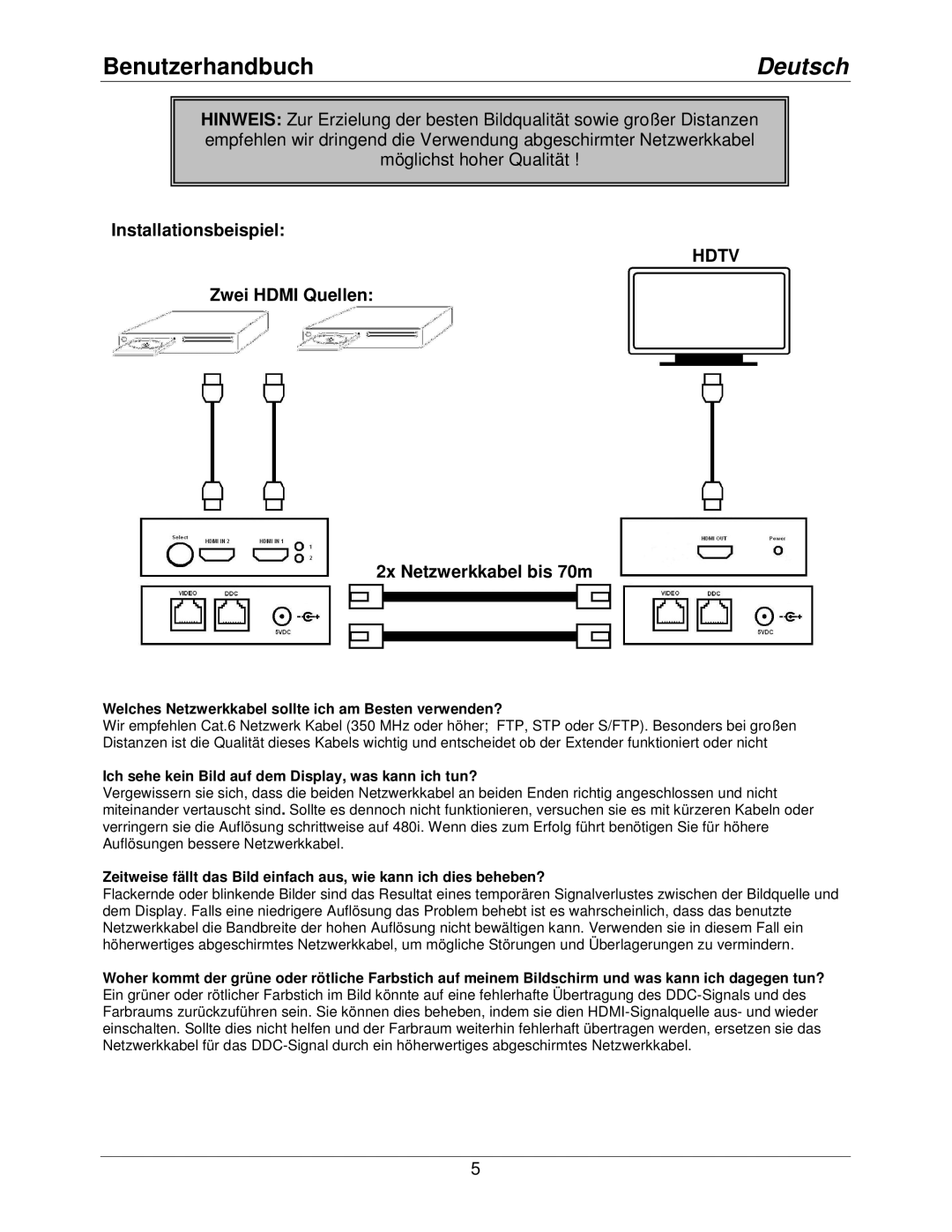 Lindy 38000 manual Installationsbeispiel, Zwei Hdmi Quellen 2x Netzwerkkabel bis 70m 