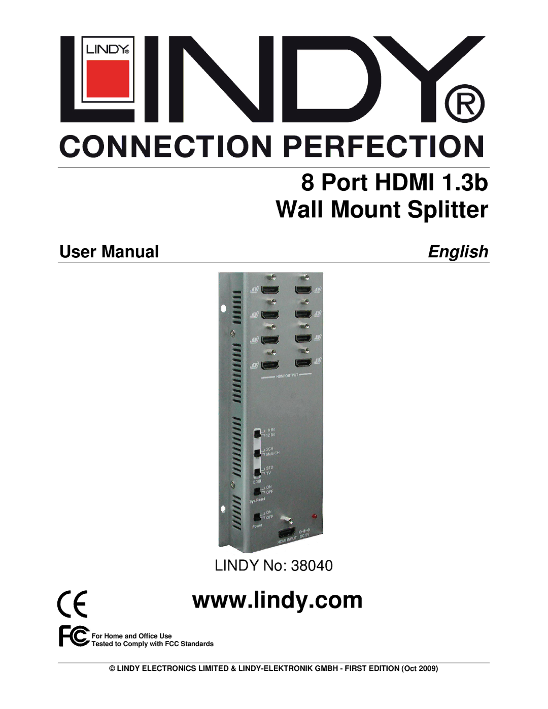 Lindy 38040 user manual Port Hdmi 1.3b Wall Mount Splitter 