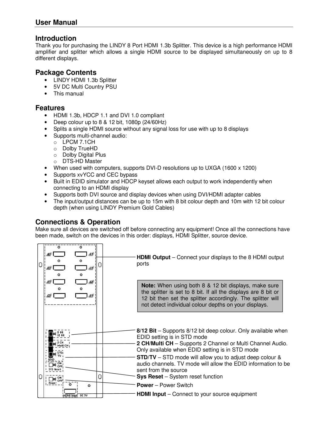 Lindy 38040 user manual Introduction, Package Contents, Features, Connections & Operation 