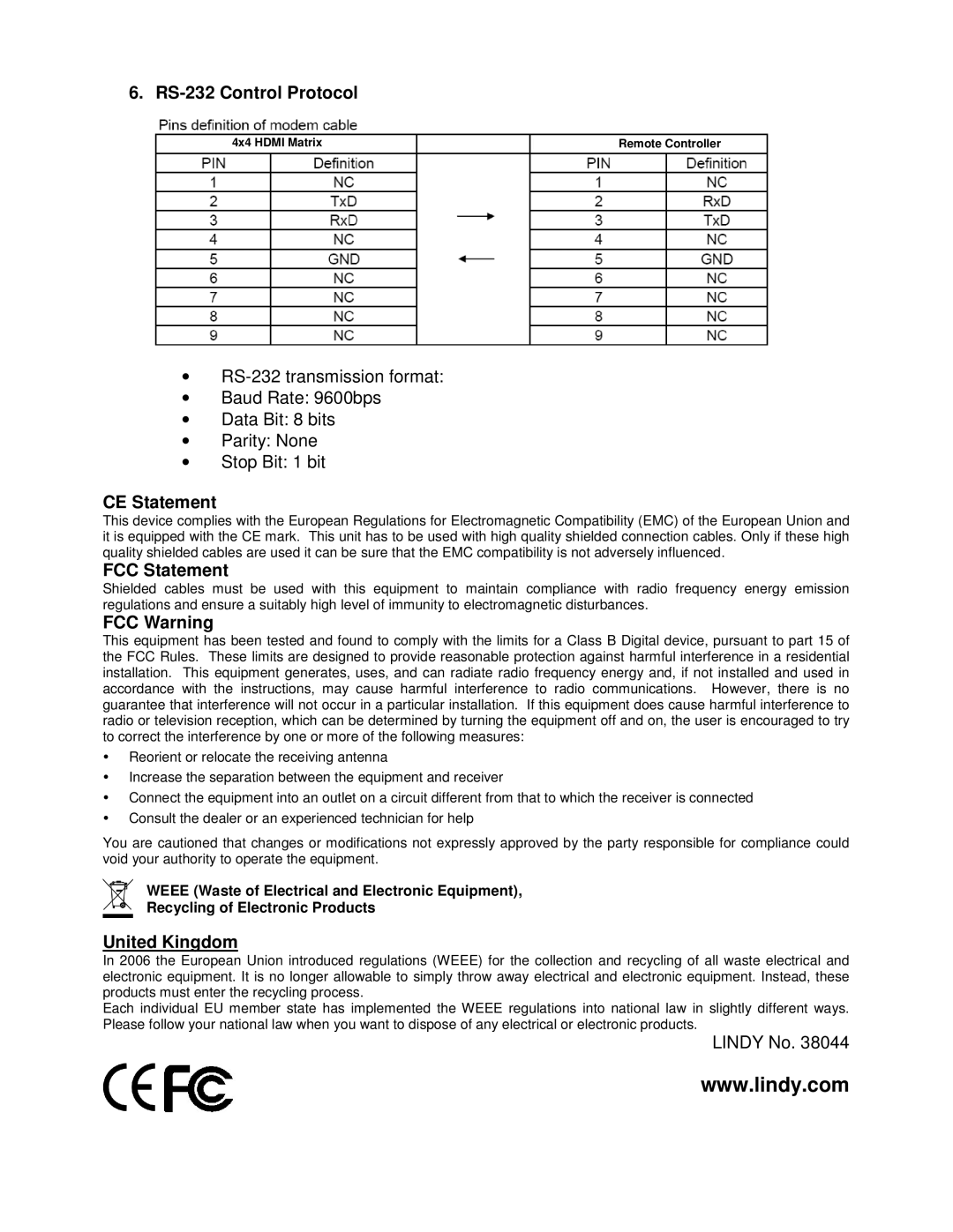 Lindy 38044 quick start RS-232 Control Protocol, CE Statement, FCC Statement, FCC Warning, United Kingdom 