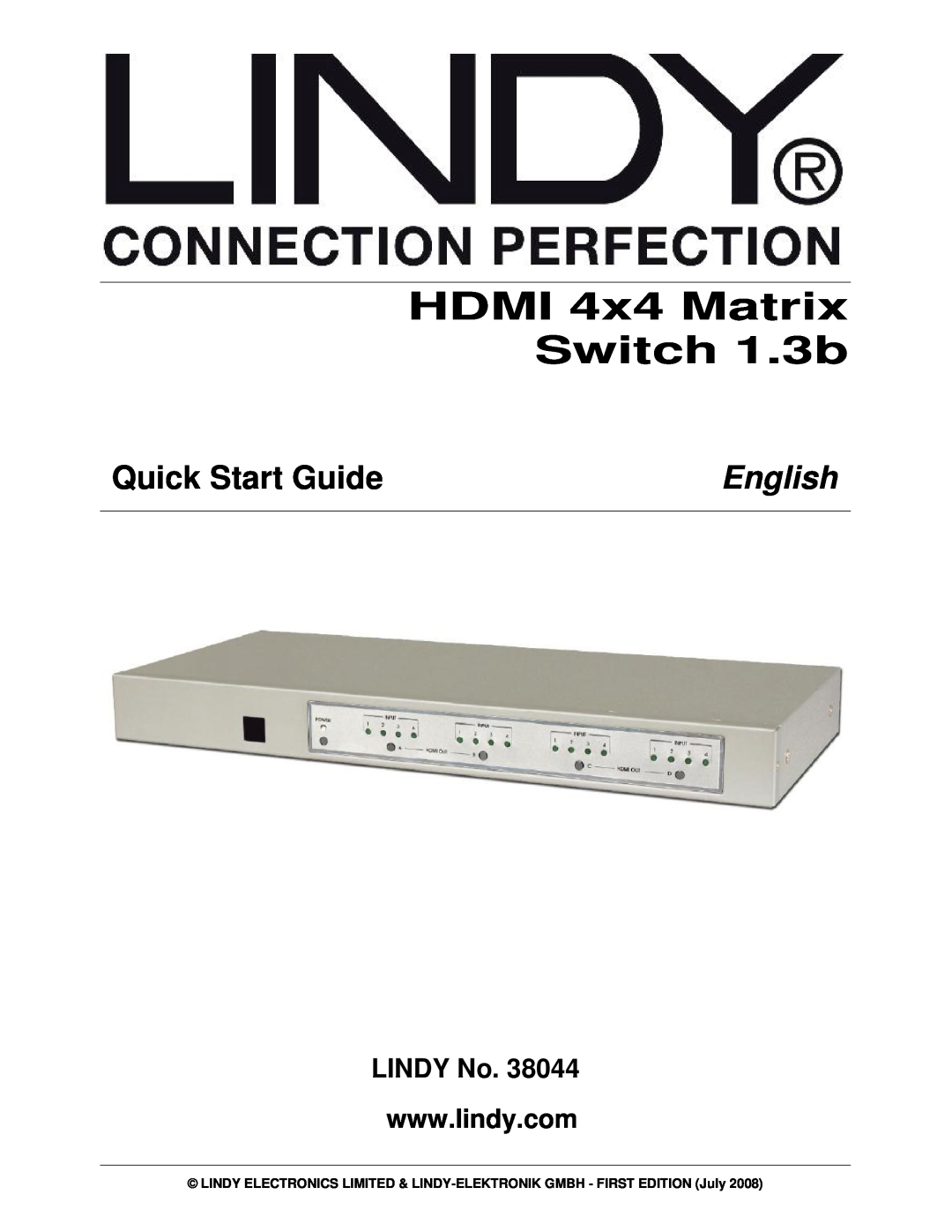 Lindy 38044 quick start HDMI 4x4 Matrix Switch 1.3b, Quick Start Guide, English, LINDY No 