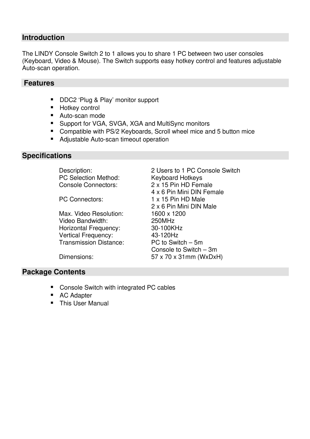 Lindy 39122 user manual Introduction, Features, Specifications, Package Contents 