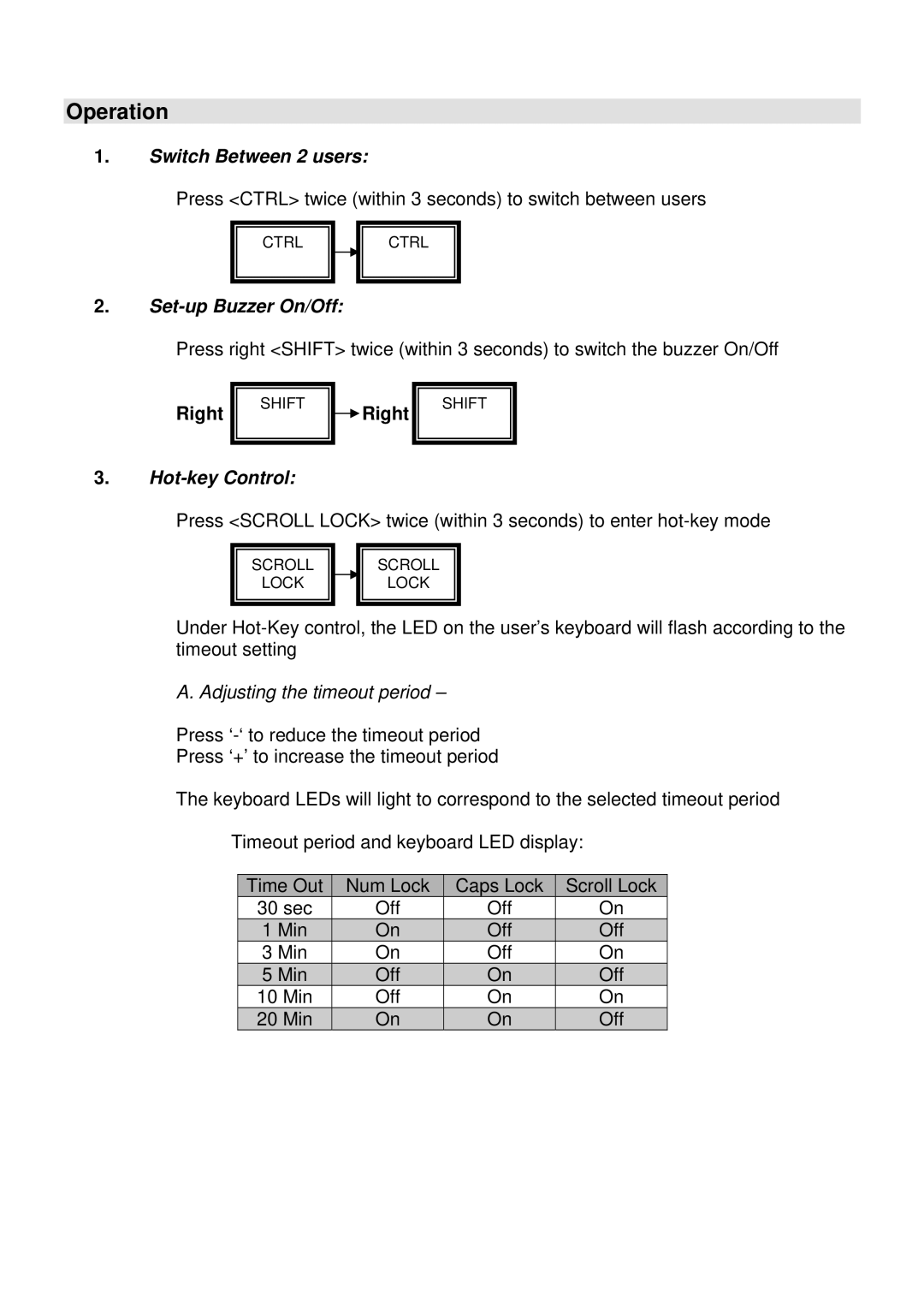 Lindy 39122 Operation, Switch Between 2 users, Set-up Buzzer On/Off, Hot-key Control, Adjusting the timeout period 