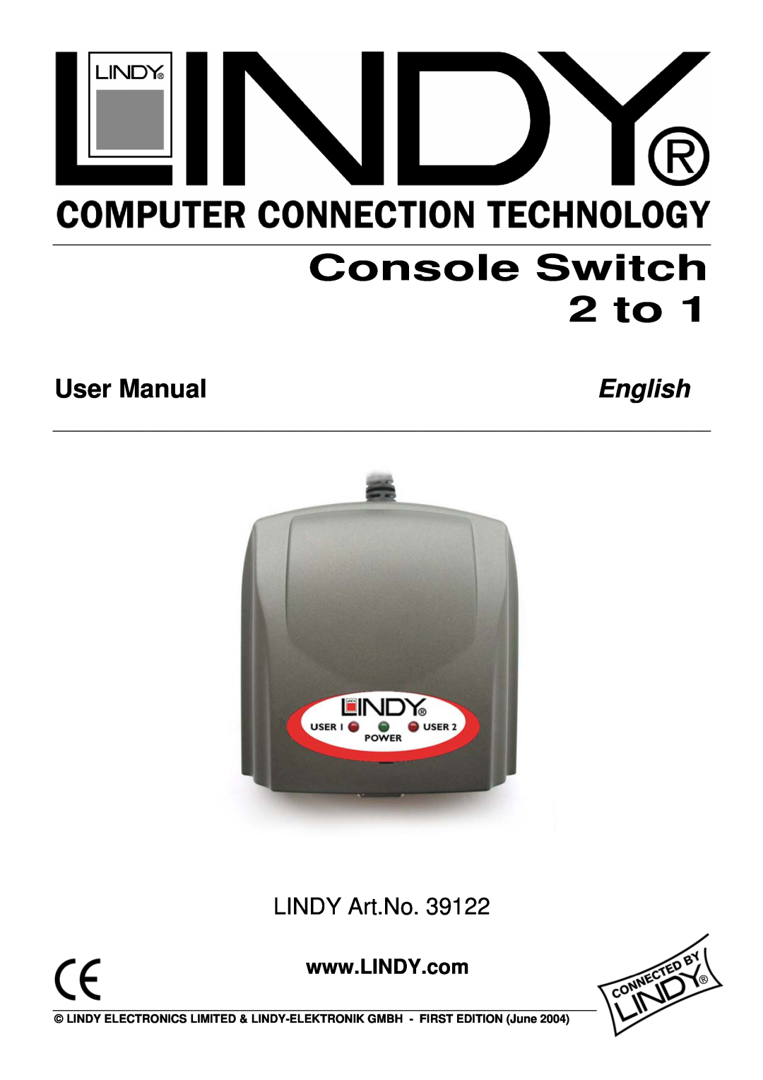 Lindy 39122 user manual Console Switch 2 to, User Manual, English, LINDY Art.No 