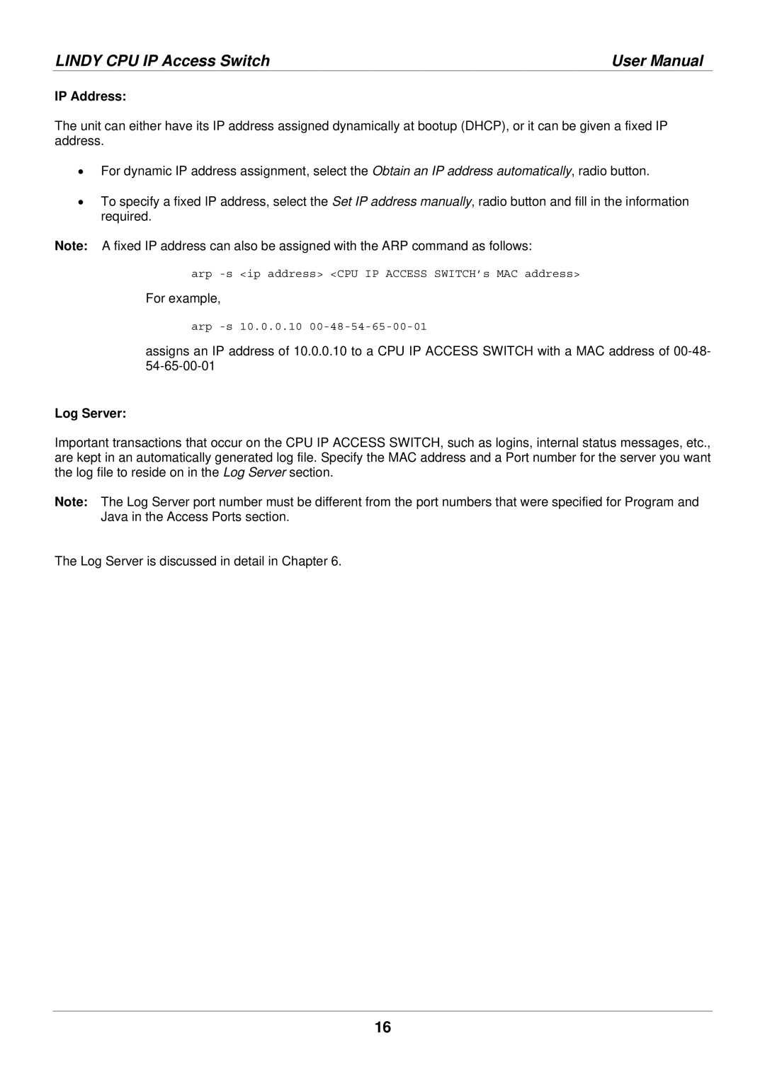 Lindy 39401 user manual IP Address, Log Server 