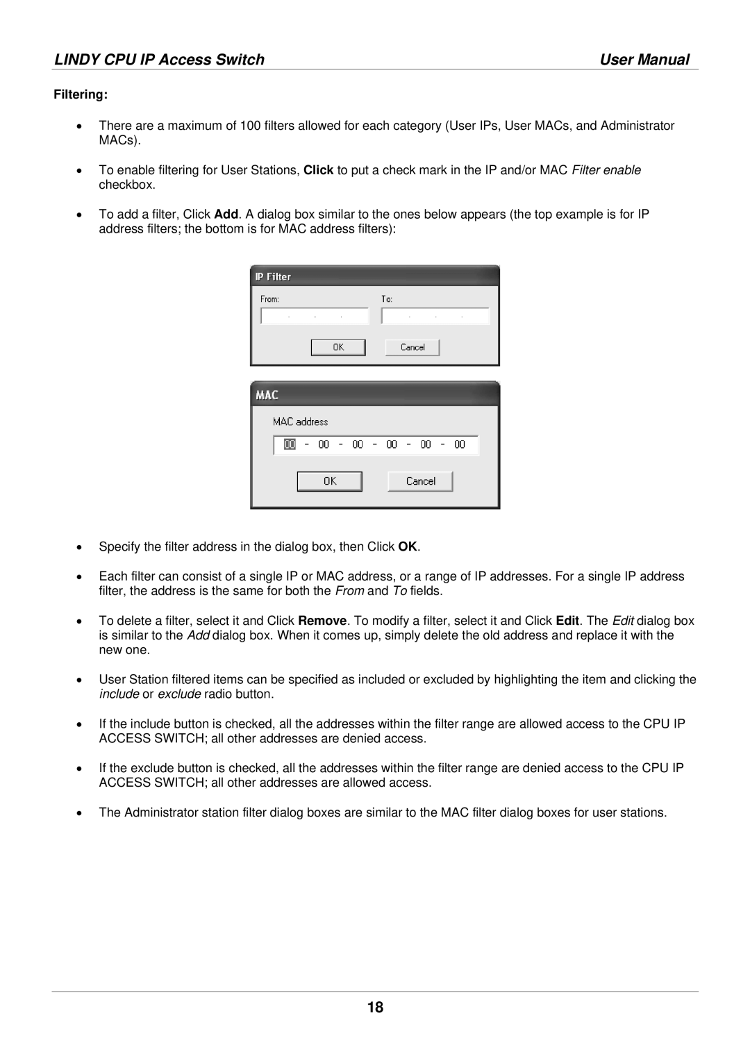 Lindy 39401 user manual Filtering 