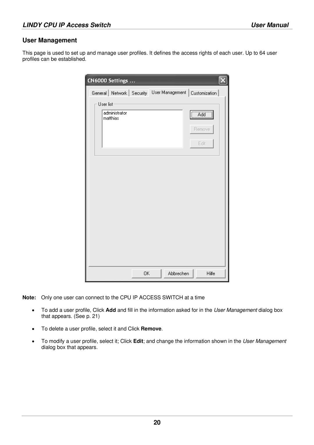 Lindy 39401 user manual User Management 