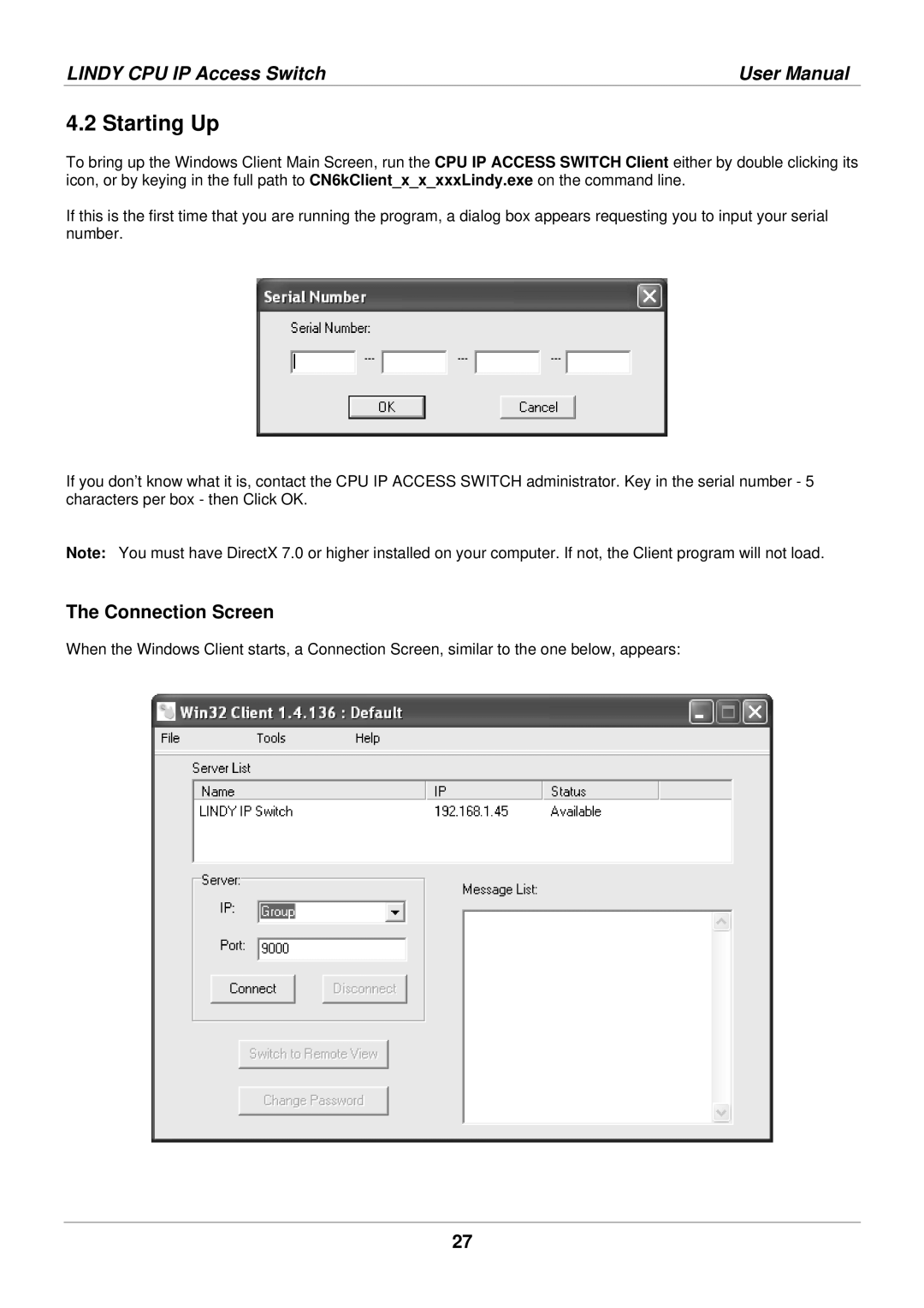 Lindy 39401 user manual Starting Up, Connection Screen 