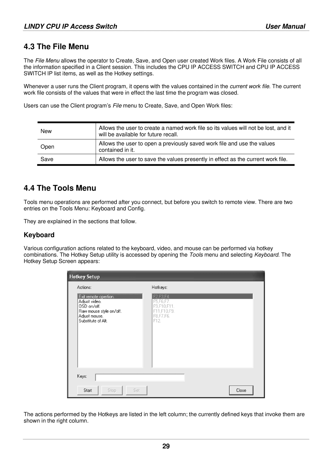 Lindy 39401 user manual File Menu, Tools Menu, Keyboard 