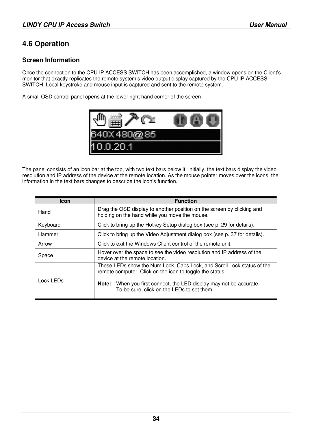 Lindy 39401 user manual Operation, Screen Information, Icon Function 