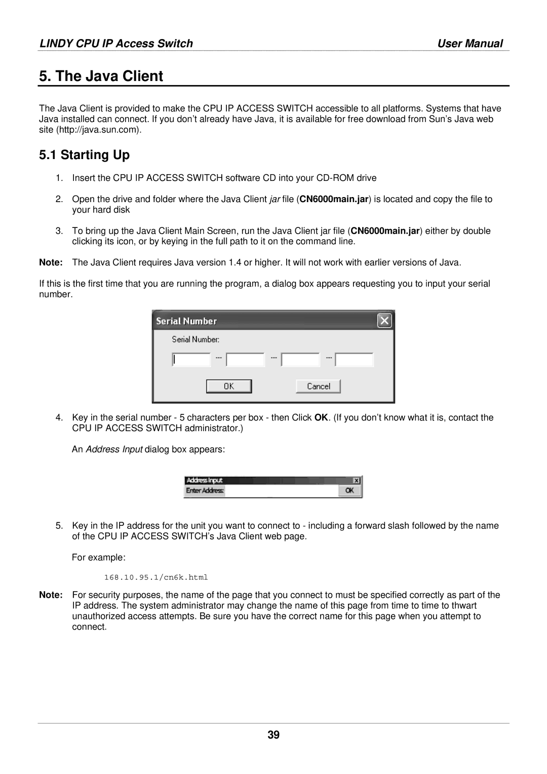 Lindy 39401 user manual Java Client, Starting Up 