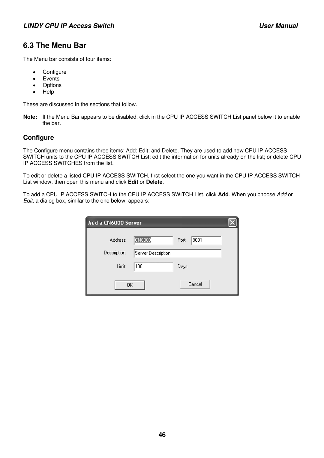 Lindy 39401 user manual Menu Bar, Configure 