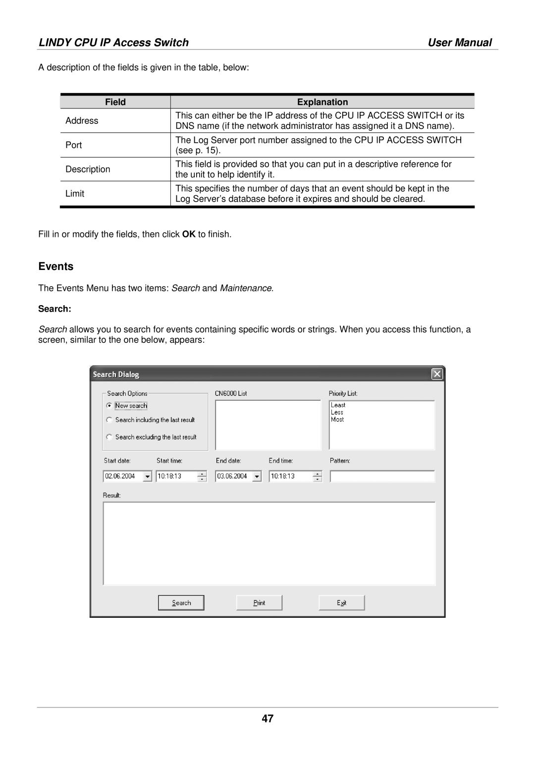 Lindy 39401 user manual Events, Field Explanation, Search 