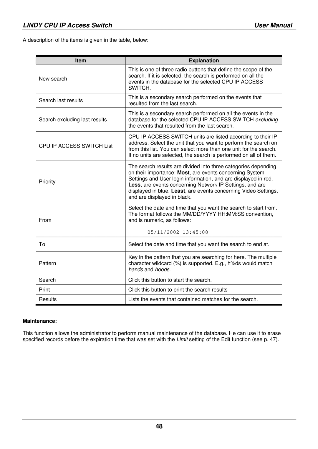 Lindy 39401 user manual Switch, Maintenance 