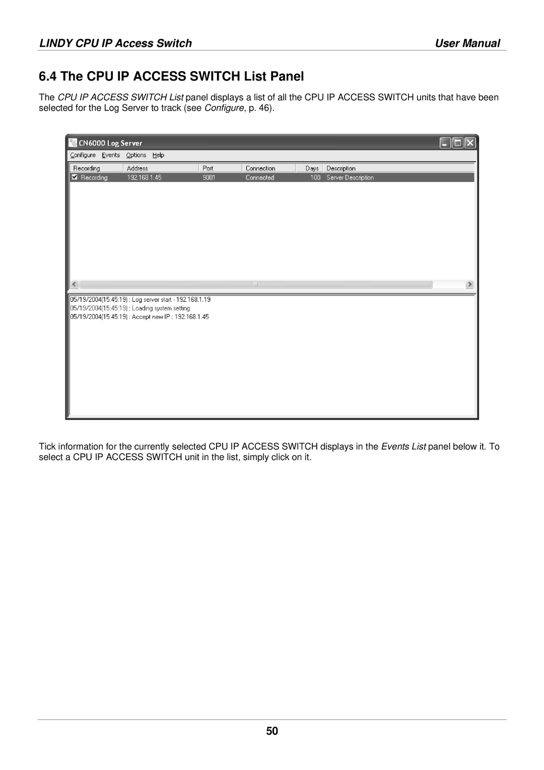 Lindy 39401 user manual CPU IP Access Switch List Panel 