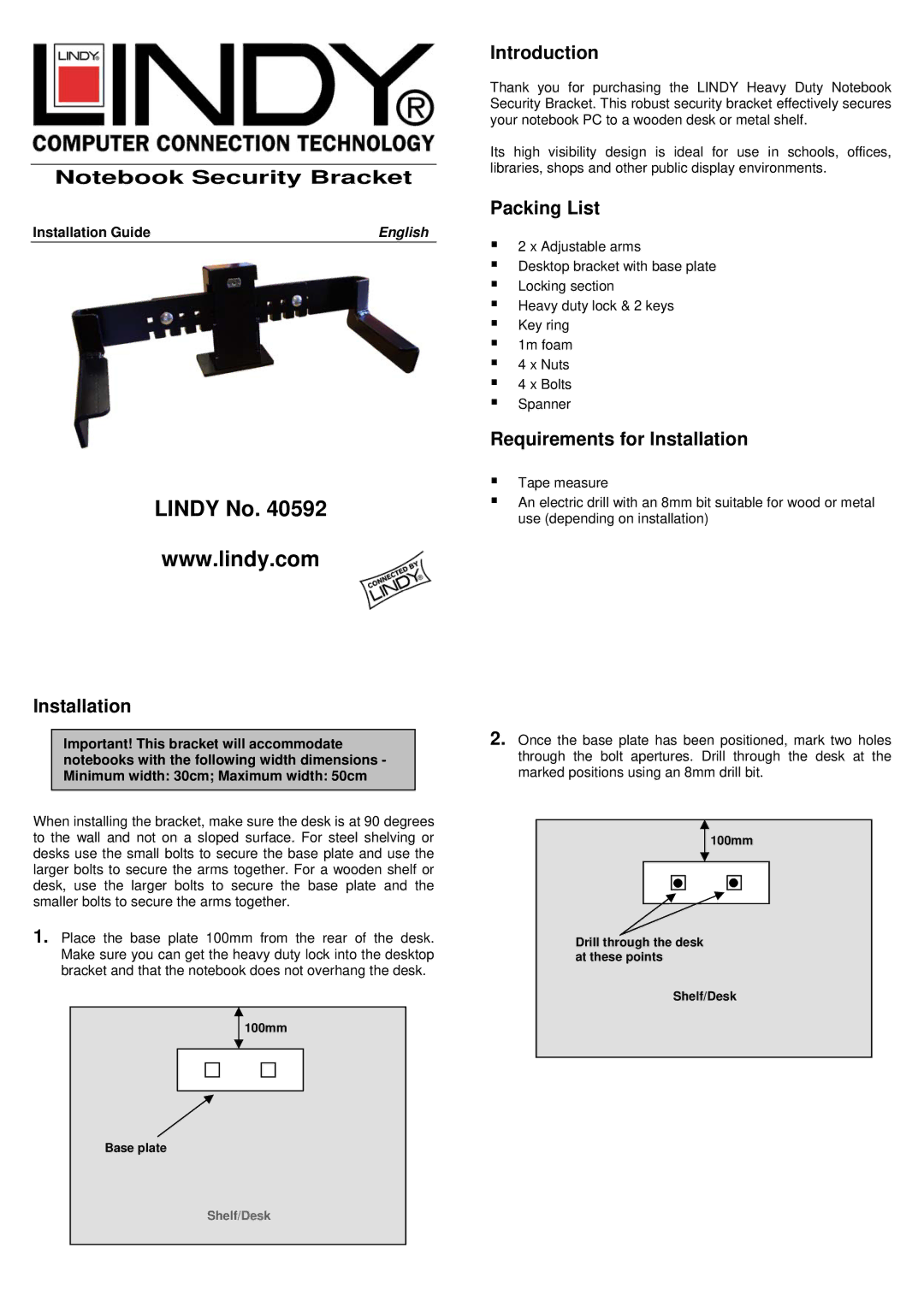 Lindy 40592 dimensions Lindy No, Introduction, Packing List, Requirements for Installation 