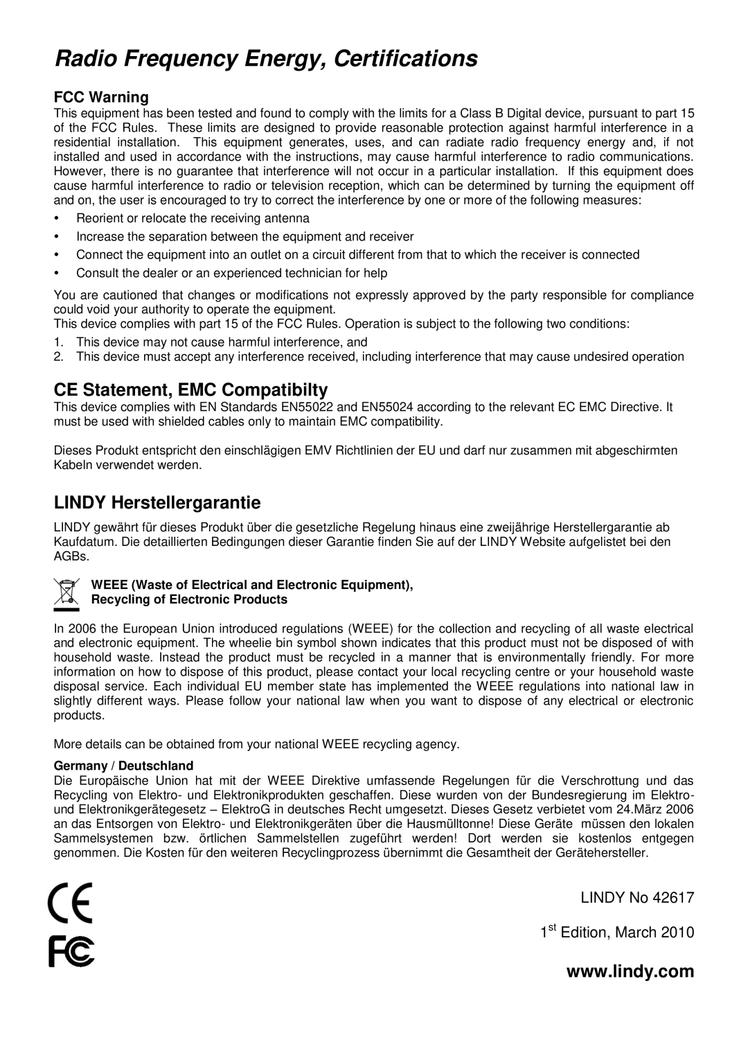 Lindy 42617 user manual Radio Frequency Energy, Certifications, FCC Warning 