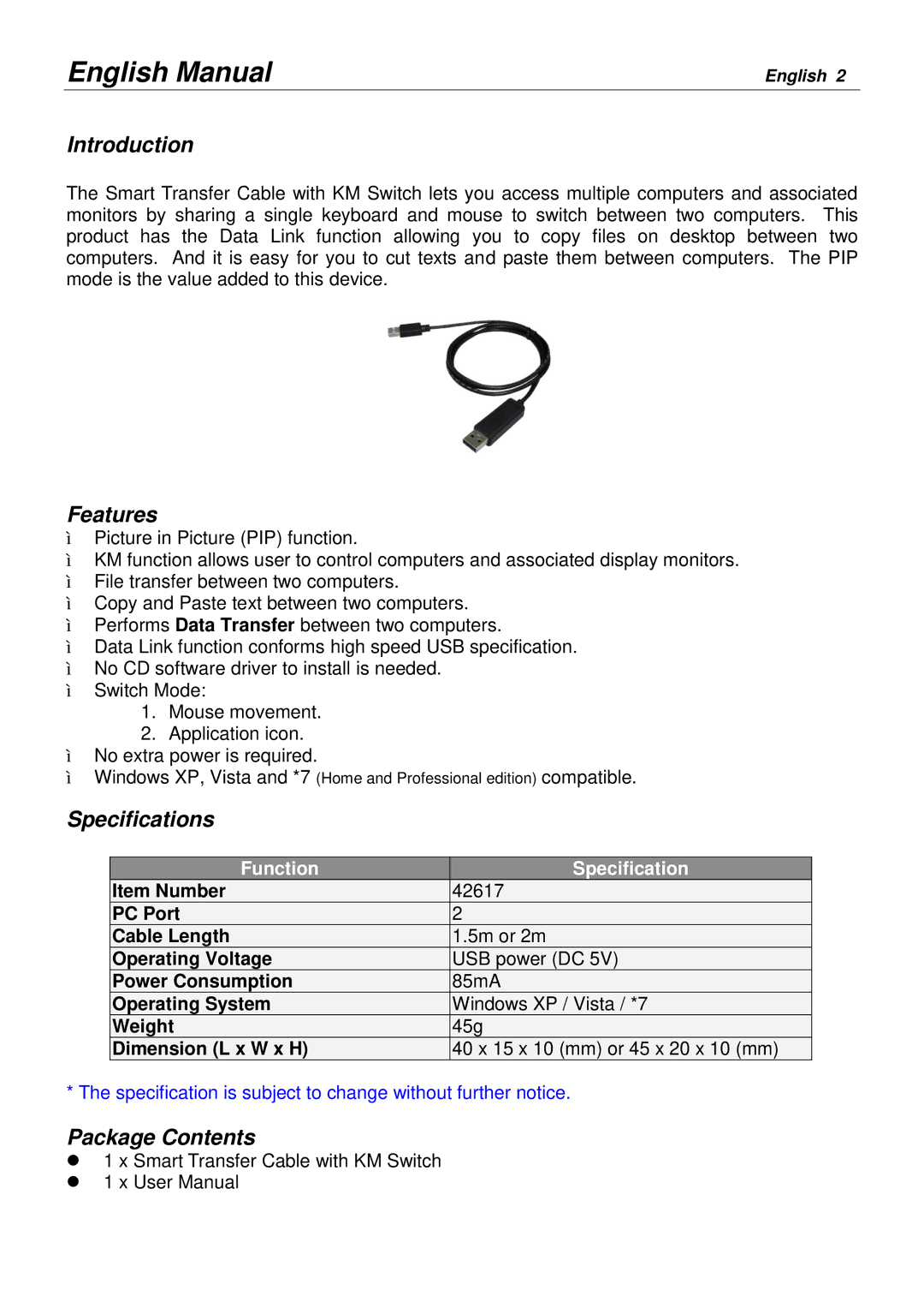 Lindy 42617 user manual English Manual, Introduction, Features, Specifications, Package Contents 