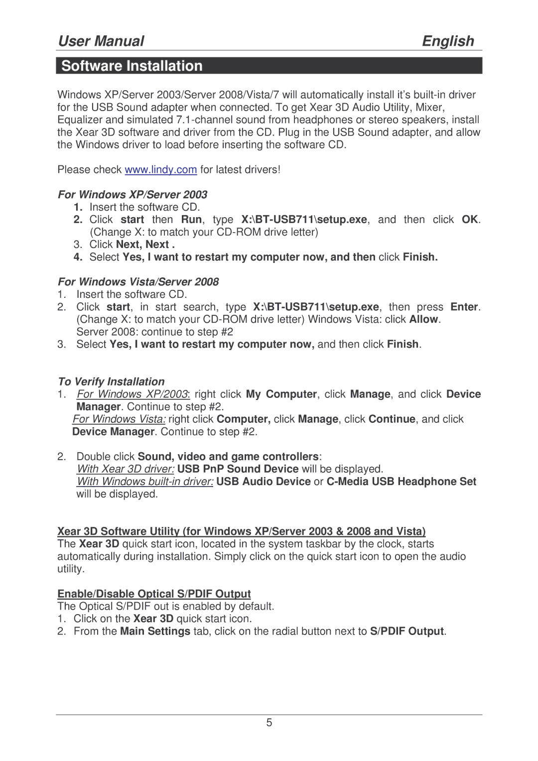 Lindy 42775 user manual Software Installation, For Windows XP/Server, For Windows Vista/Server, To Verify Installation 